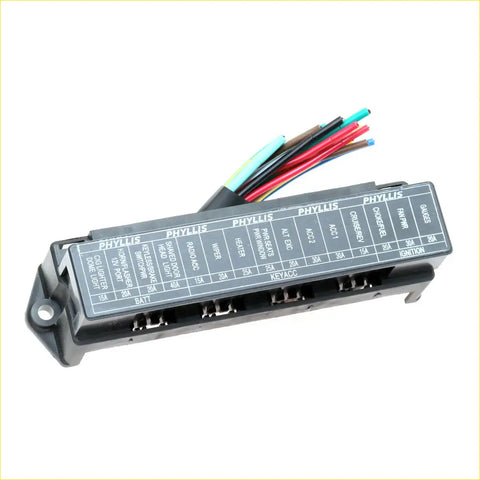 Black plastic fuse block assembly for datsun nissan 720 e23 f22 1980-1989 with labeled slots and colorful wiring terminals