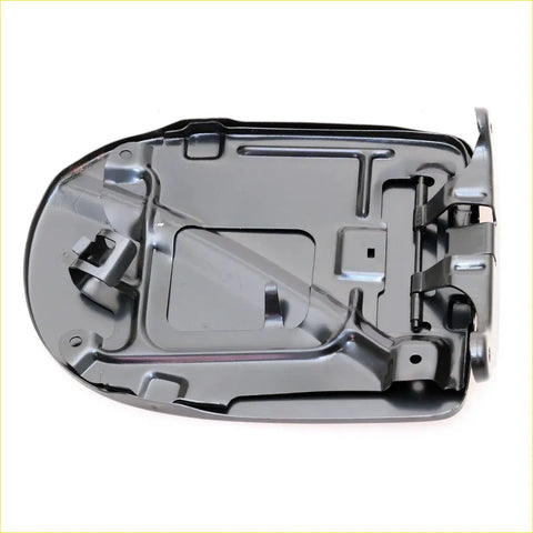 Black metal motorcycle seat base with molded contours and mounting hardware shown from the back side