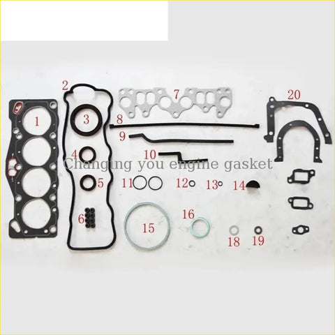 Black rubber and metal full gasket set with numbered parts for toyota corolla or tercel 1.3l 2au 2al engines