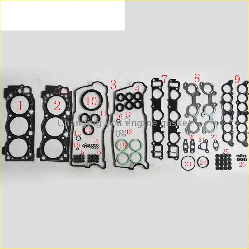 Black rubber engine gasket set with metallic parts and green seals for gasket pro 5vzte toyota hilux tacoma tundra pickup