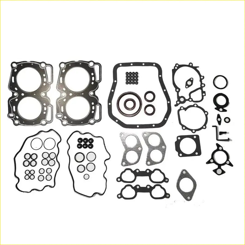Black and silver engine gasket set with various shapes and hole patterns for Subaru Legacy II and Impreza 2.0L repair