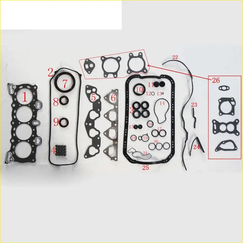 Black rubber gasket set with various shapes and numbered parts for Honda Civic Concerto D15B D15B2 D16A6 D16Z2 D15B4 engines