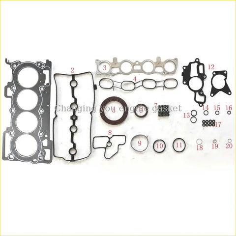 Black rubber engine gasket set with metallic parts and multiple seals for nissan livina tiida versa 1.8 mr18de