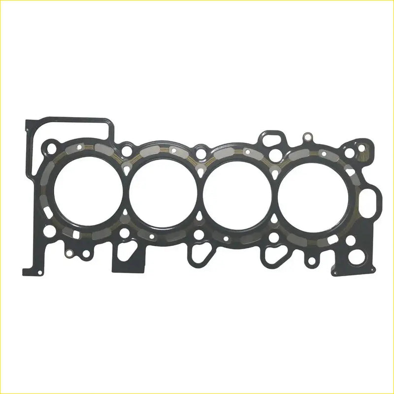 Black rubber gasket with four circular openings and mounting holes for metal cylinder head part in honda city jazz ii