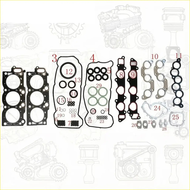 Black rubber gasket set with numbered parts for toyota sienna avalon camry solara 3.0l 1mzfe engine assembly