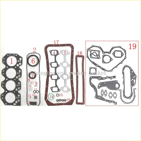 Black rubber engine gasket set with red border and numbered parts for toyota toy-ace landcruiser coaster dyna 3.0 b 2b