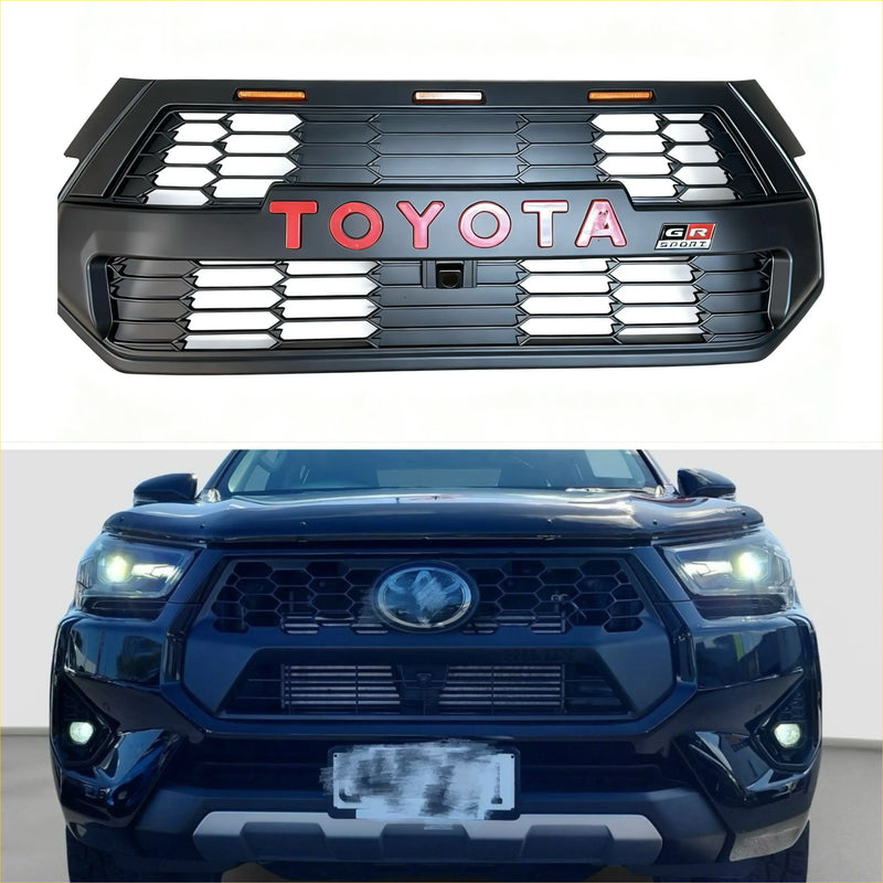 Black grille for toyota hilux 2024 sr sr5 with red pink lettering hexagonal mesh and amber daytime running lights