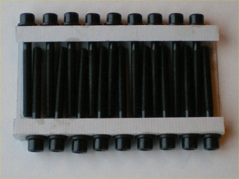 Black threaded hex head head gasket bolts neatly arranged in white tray for navara d22 d40 cabstar pathfinder np300 2.5 dci
