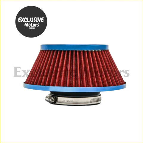 High flow 76mm pod air filter with red pleated fabric blue plastic rings and metal clamp for better airflow