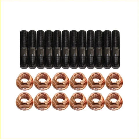 High tensile black threaded bolts and copper hex nuts arranged in rows for ford falcon xr6 exhaust manifold stud kit