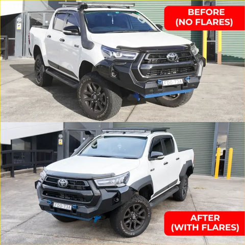 White toyota hilux ute with black front bumper, side steps, roof rack, offroad tires, and n80 gr style flares for 4wd use