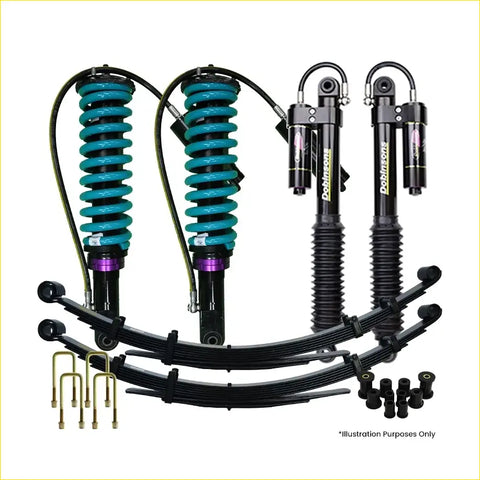 Set of four black and teal dobinsons coil-over shocks with purple accents for holden colorado rg 2012 on monotube remote reservoir