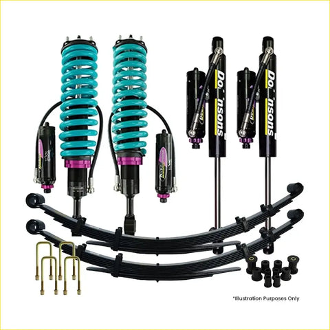 Holden colorado rg suspension set with teal coil springs black shock absorbers with purple accents and black leaf springs
