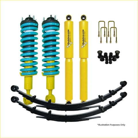 Yellow and teal coilover suspension kit with black leaf springs for holden colorado rg dobinsons twin tube nitro gas lift