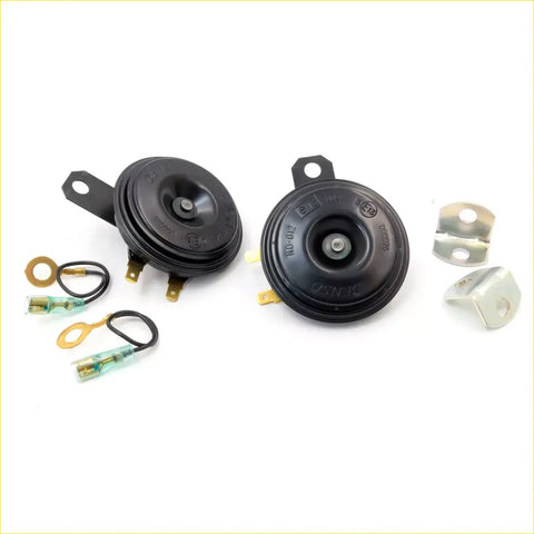 Black plastic motorcycle horns with gold mounting brackets and wiring connectors for Nissan Datsun Cedric 1971-1984