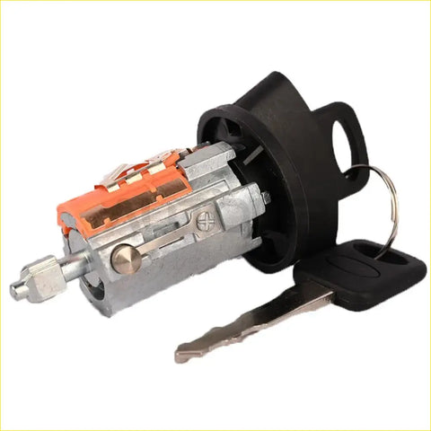 Ignition door lock cylinder for Ford super duty with silver and black switch, orange internal parts, and matching key