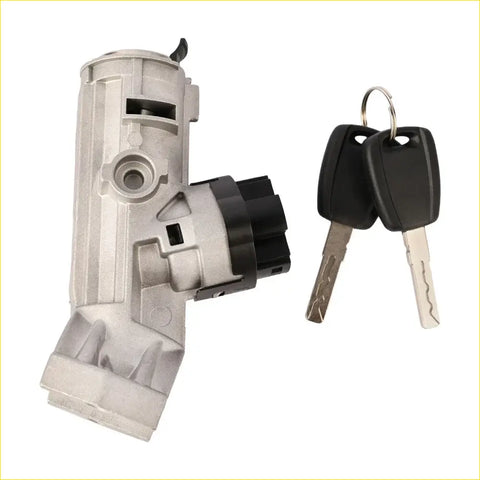 Silver-colored ignition switch assembly housing with black plastic parts and two black key fobs for dodge ram promaster 2014-2019