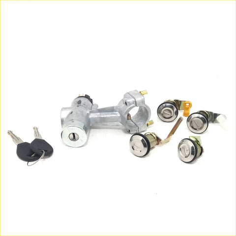 Silver metal ignition switch assembly with matching lock cylinders and black key fobs for nissan sentra sunny b11