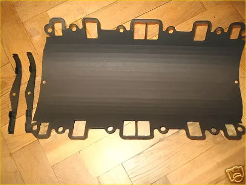 Black rubber inlet manifold valley gasket set with molded channels and mounting holes for range rover discovery v8