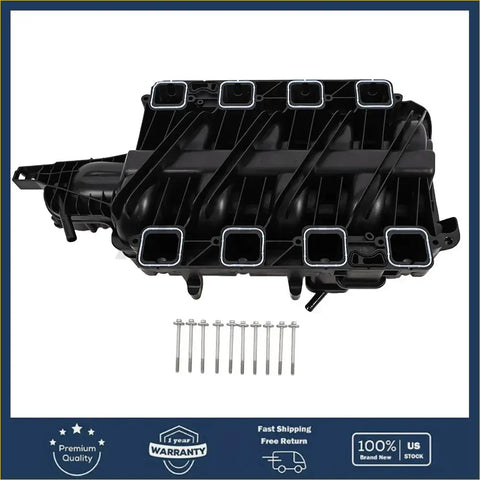 Black plastic intake manifold with eight rectangular ports and metal bolts for ram 1500 2500 3500 2011 to 2018