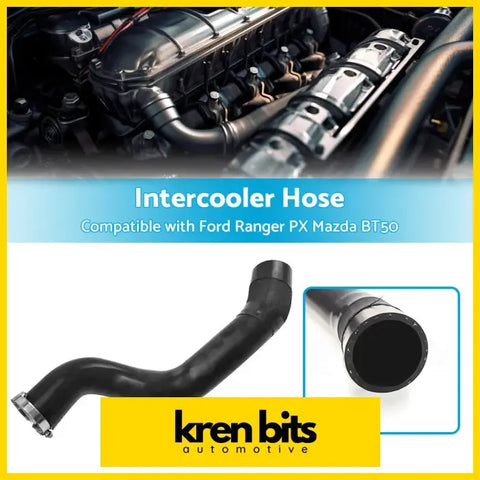 Black rubber intercooler cold side hose with metallic clamps for ford ranger px mazda bt50 shown from back side