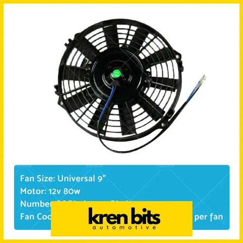 Black 9-inch universal automotive cooling fan with green led and blue wiring for nissan gu y61 3.0l crd intercooler