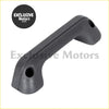 Black plastic interior armrest door pull handle with smooth curved design and two mounting holes for nissan d21 back side
