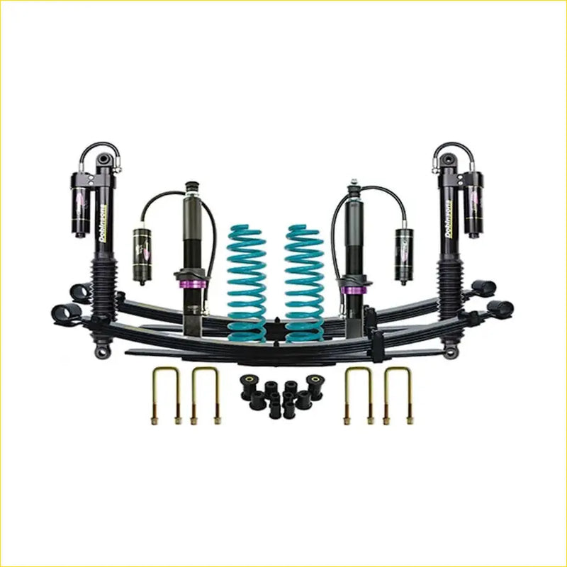 Black and teal coilover suspension kit with purple accents for isuzu dmax 2012-2020 by dobinsons monotube remote reservoir