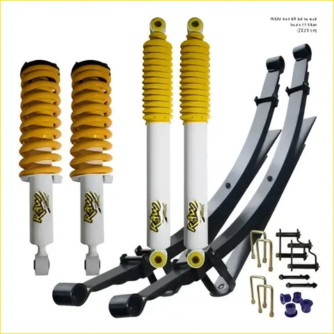 Yellow and white coil-over shocks with black leaf springs branded kav for isuzu dmax dobinsons monotube remote reservoir