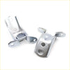 Silver metal left door hinge with polished finish and two mounting holes for nissan navara d22 np300 1997-2014
