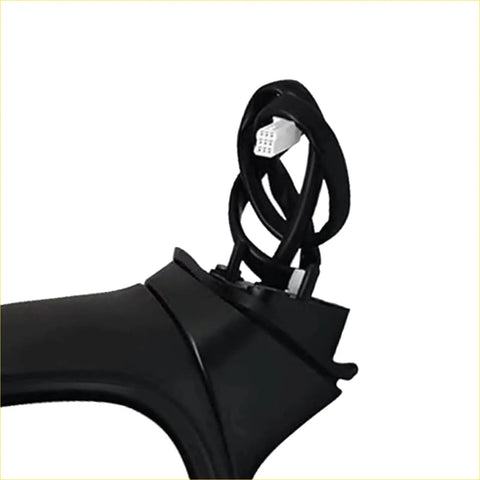 Black coiled cable with white connector attached to black plastic housing for left door mirror mazda cx-5 2017+ blind spot