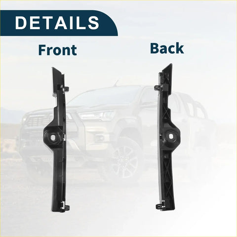 Black plastic left front bumper retainer bracket for toyota hilux 2015-2023 shown from the back side