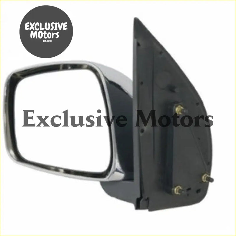 Left-hand chrome side mirror for nissan navara 2005-2009 with black plastic housing and mounting bracket shown from back side