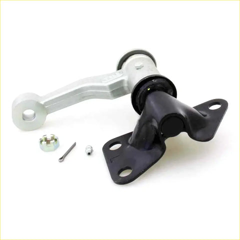 Left idler arm for nissan d21 2wd 1985-1999 in black and silver painted metal with hardware shown from back side