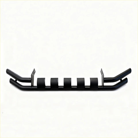 Black metal rear step bar for nissan navara 2015-2025 with five rectangular cutouts and curved end caps
