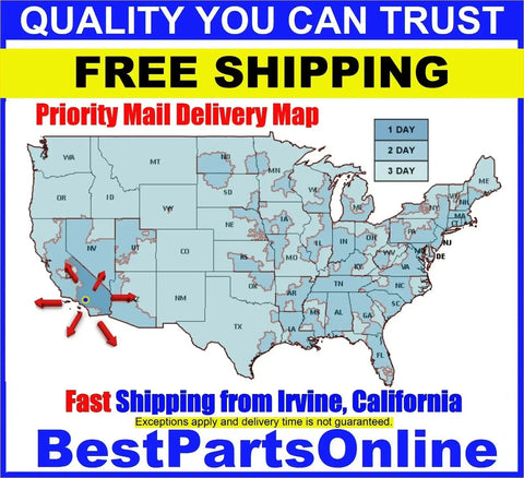 Blue and yellow bestpartsonline promo showing us map with delivery times for lower pitman kit ford f150 1997-2003