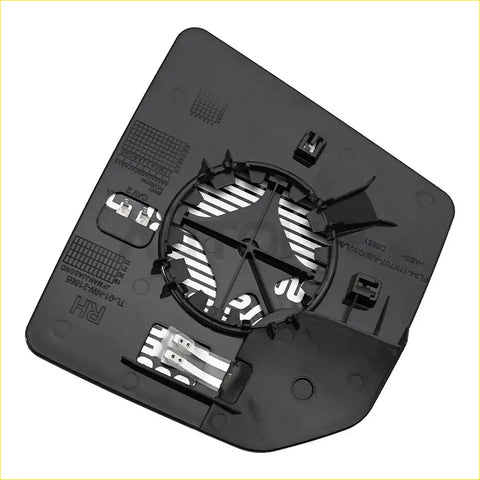 Back side of black plastic heated right passenger side mirror glass housing with circular vent for ford f-150 2015-2020