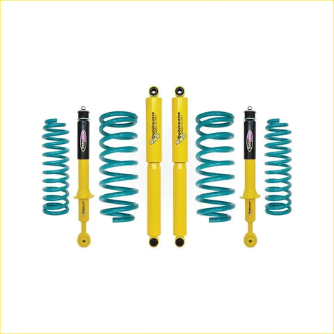 Yellow and teal coilover suspension kit with black dobinsons shock absorbers for mitsubishi pajero sport 2016 on