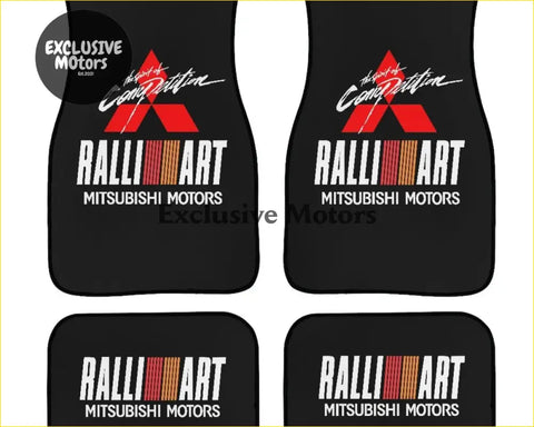 Black mitsubishi ralliart custom print floor mats with red and white logo and the spirit of competition script