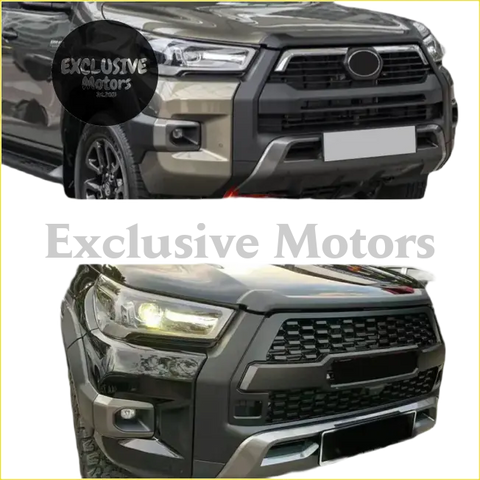 Modified racing grille for hilux revo rocco 2021 with black matte finish chrome accents and central toyota emblem