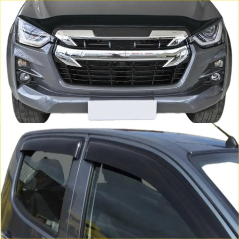 Black plastic window visors with sleek curved design for vehicle protection monsoon and bonnet guard isuzu d-max 2021-2023