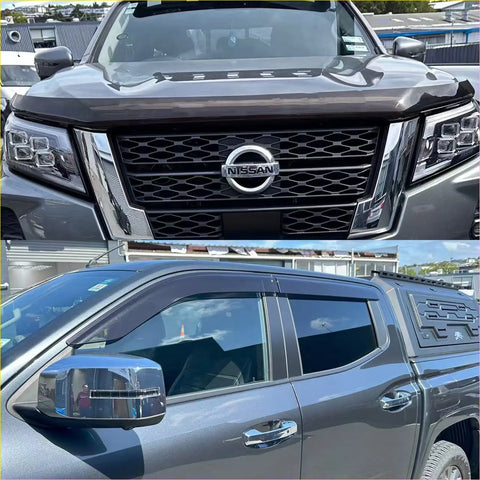 Dark gray nissan navara pickup 2021-2025 with monsoon and bonnet guard chrome accents and roof rack visible from back