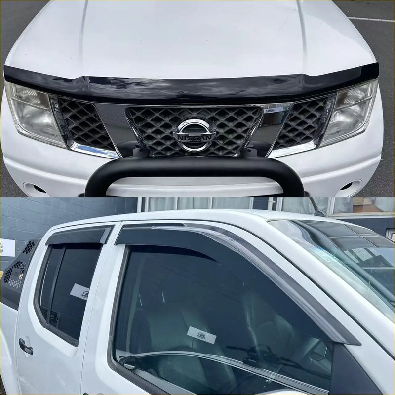 Black plastic front bumper guard and window visors for white nissan navara d40 2005-2015 pickup truck