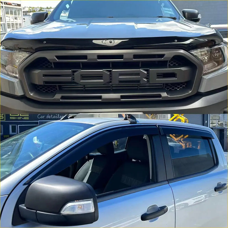 Black matte-finish ford ranger monsoon and bonnet guard grille with bold lettering and honeycomb mesh inserts