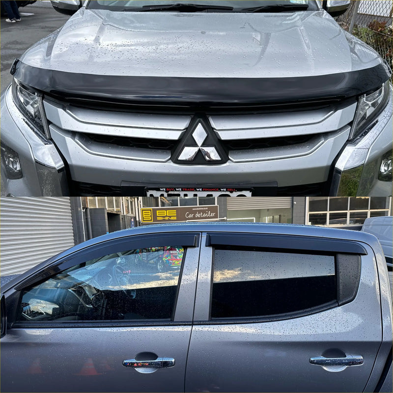 Silver mitsubishi triton pickup with black front bumper guard and side window visors monsoon bonnet guard oem style 2019-2023
