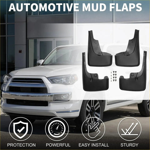 Black rubber mud flaps for Toyota 4Runner 2010-2023 designed to protect undercarriage from dirt and debris