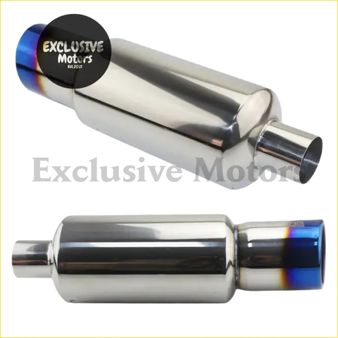 Shiny chrome stainless steel muffler tip with blue and purple flame finish on the end cap universal fit
