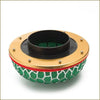 Mushroom air filter with green mosaic air intake, gold trim, and red accent band for enhanced airflow