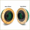Two mushroom air filters with gold metal frames green mesh exteriors and black inner components for air cleaning