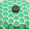 Mushroom air filter with green honeycomb pattern and black plastic adjustment knob for easy airflow control
